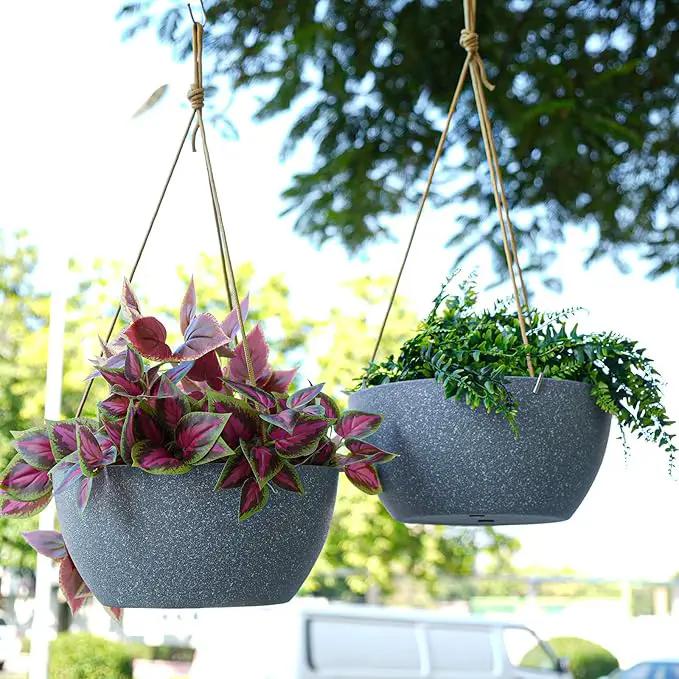 13 Inch 2 Pack Large Hanging Planters for Indoor Outdoor Plants, Plastic Hanging Basket Pots for House Plants Flowers, Grey by GreenHaven Gardens