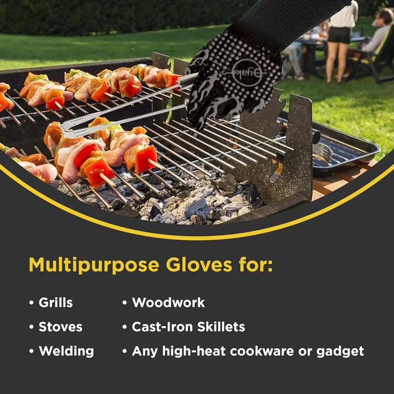 Insulated BBQ Heat Resistant Gloves - Neoprene & Polyester Barbecue Grilling Gloves with Silicone Pads for Gas Grill & Charcoal Grills Outdoor Cooking - 1400°F High Heat Fire BBQ Mittens by O-Yaki by GreenHaven Gardens