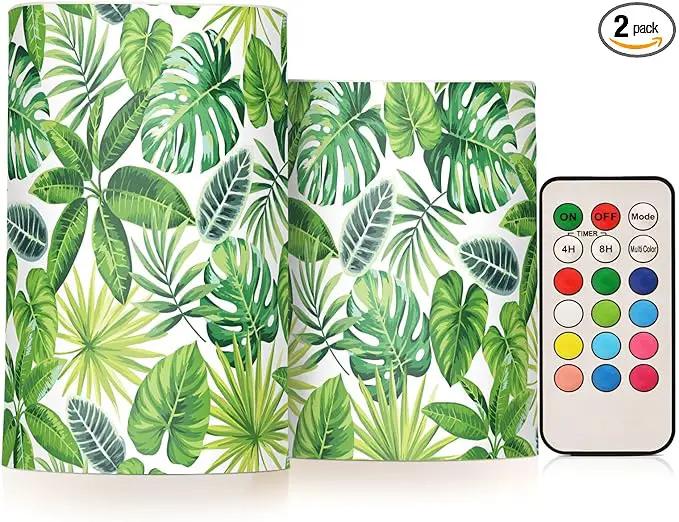 Flickering Flameless Candles, Tropical Palm Leaves Exotic LED Candles with Remote Timer, Set of 2 Battery Operated Candle for Valentine Wedding Birthday by GreenHaven Gardens