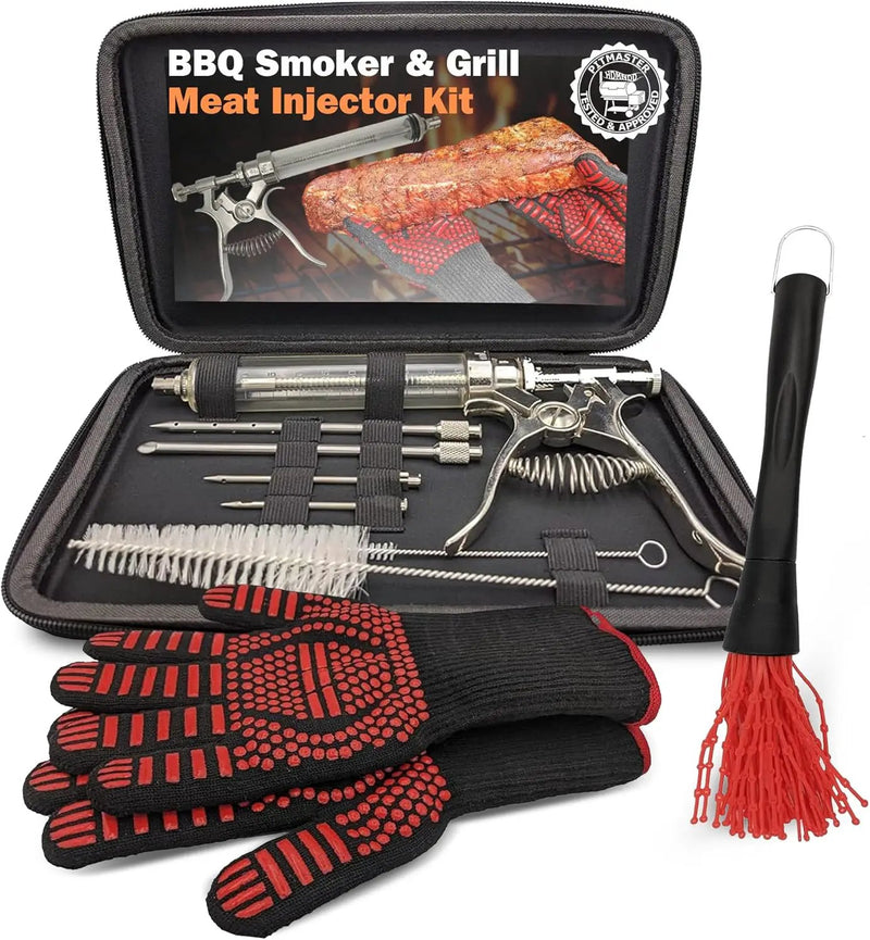 BBQ Smoker Grill Professional Meat Injector Syringe Kit for Smoking with Case, Heat Resistant Non Slip Gloves and Silicone Mop Brush for Turkey Marinade Injection by GreenHaven Gardens
