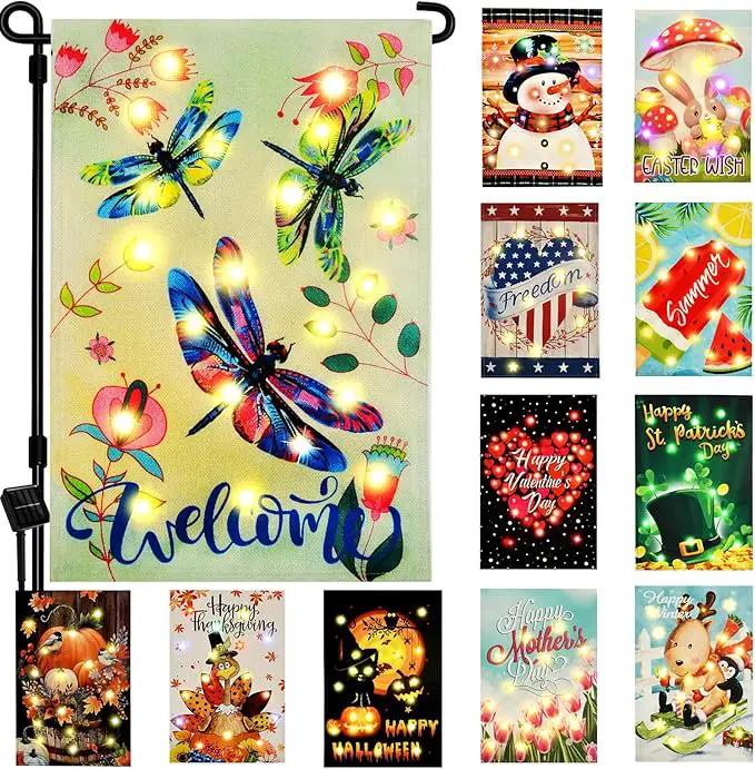 Solar Seasonal Garden Flags Set of 12, Lighted 12×18 Double-Sided Yard Flags for Outside Halloween Christmas Fall Thanksgiving Day Decorations Welcome Flag Outdoor Holiday Decor by GreenHaven Gardens
