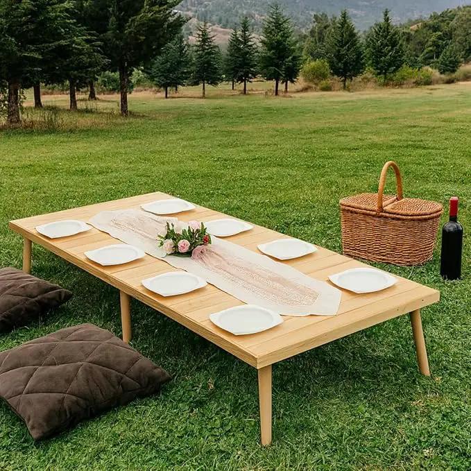 Portable Wooden Folding Table, Picnic Table，Floor Table，Natural Pine, 43x21 Inch, Low Height Design for Picnic, Camping, Coffee Service, Bohemian Style by GreenHaven Gardens
