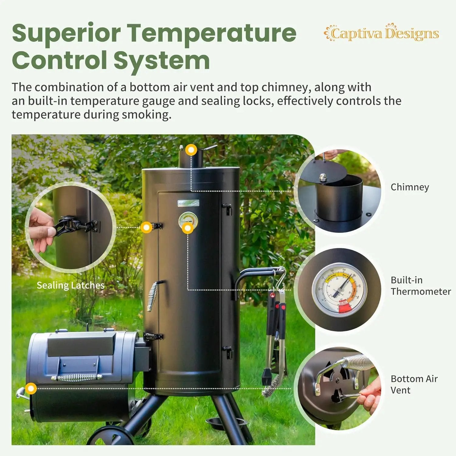 Captiva Designs Charcoal Vertical Smoker Grill and Offset Smoker Grill Combo, Extra Large Outdoor Barrel BBQ Meat Smoker with 5 Removable Smoking Grates & Built-in Hooks for Various Meat Foods by GreenHaven Gardens