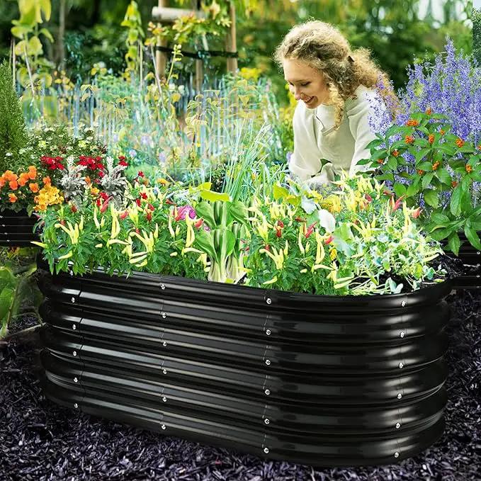 17" Tall Outdoor Garden Raised Garden Bed Kits, 4ft X 2ft Oval,0.8MM Thick Metal Raised Planter Bed/Ground Planter Box for Variety of Flowers,Herbs,Vegetables (Black, 48X24X16.5 Inches) by GreenHaven Gardens
