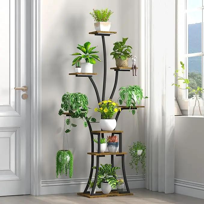 64" Tall 8 Tiered Plant Stand Indoor with Grow lights Large Tree Shape Decorative Rack Plant Pot Holder Gardening for Living Room Corner Black by GreenHaven Gardens