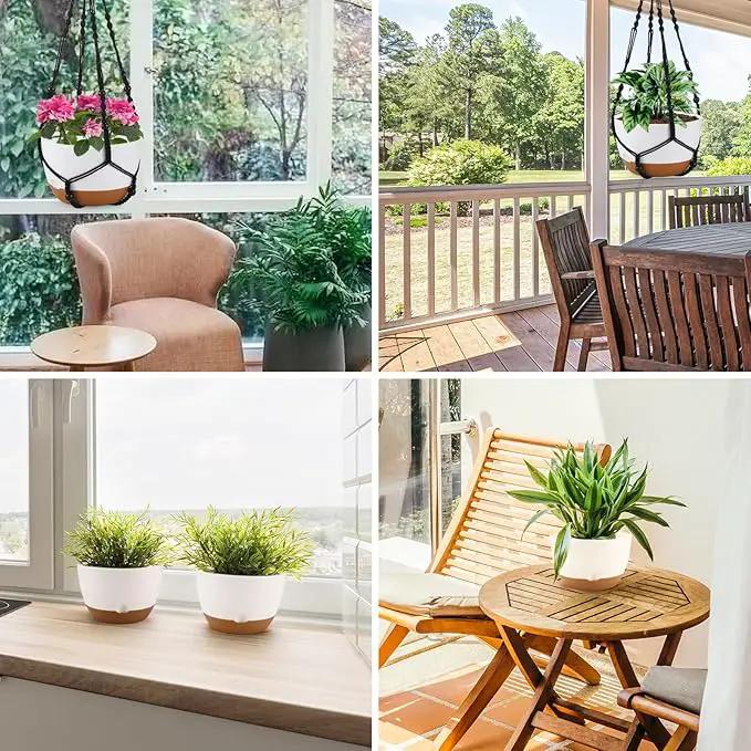 10 Inch Hanging Planter, 2 Pack Hanging Plant Self Watering Pot with Drainage Holes & Saucers, Hanging Baskets Flower Pots with Black Macrame Rope Hangers for Garden Home -White by GreenHaven Gardens