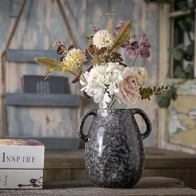 Black Ceramic Vase with 2 Handles, Modern Farmhouse Decor, Rustic Terracotta Pottery, Decorative Flower Vases, Clay Small Vase, Centerpiece for Dining Table - 7 Inch Tall by GreenHaven Gardens