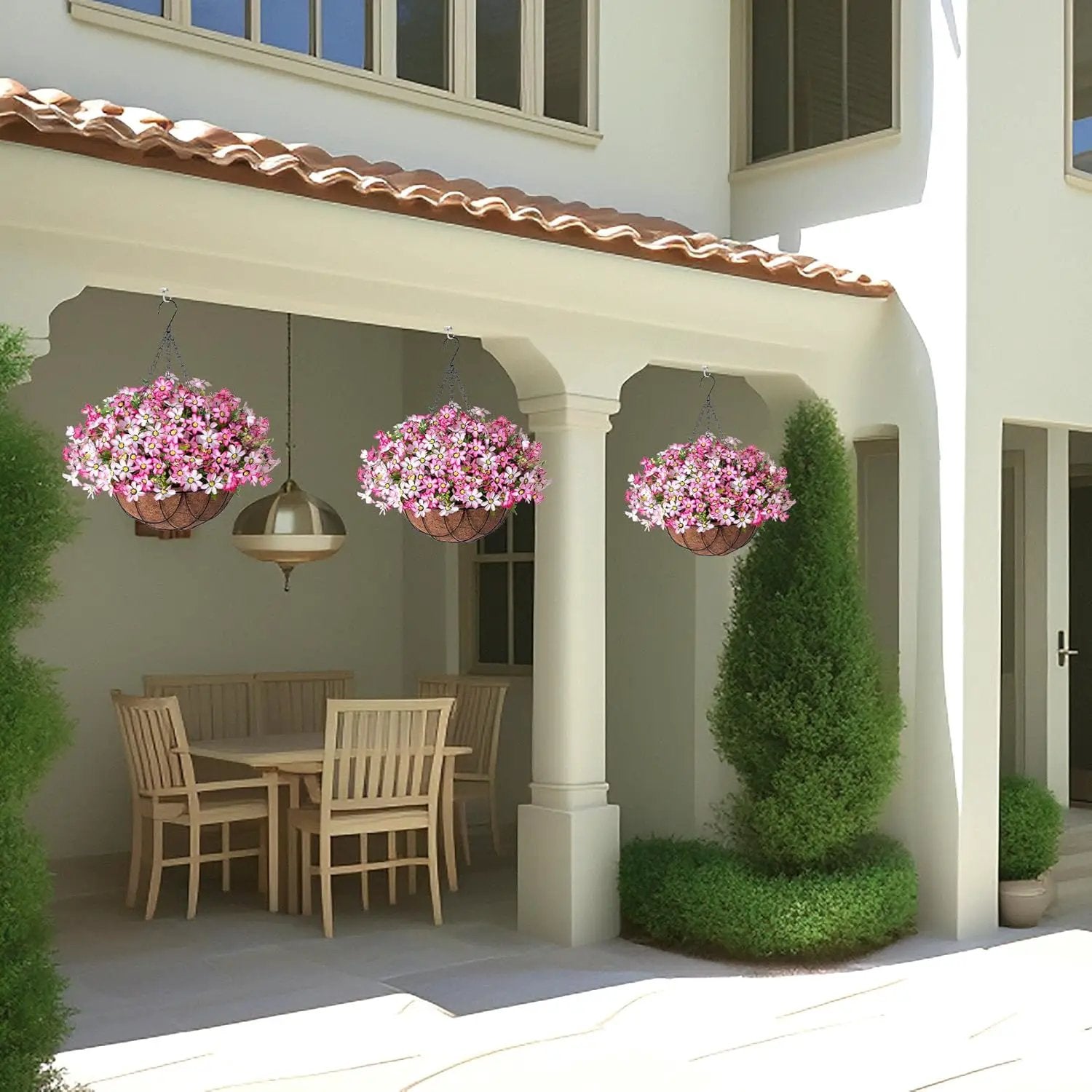 Artificial Silk Flowers Hanging Baskets Outdoors Indoors,Chrysanthemum with Eucalyptus Leaves Arrangement for Garden Yard Spring Summer Decor,Faux Plant in Metal Coconut Lining Flowerpot(Pink) by GreenHaven Gardens
