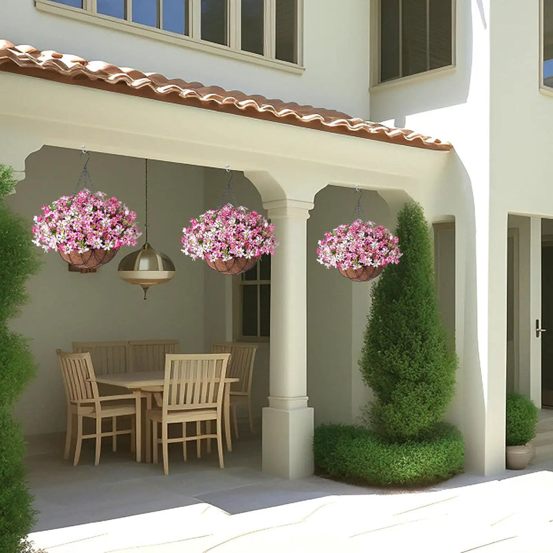 Artificial Silk Flowers Hanging Baskets Outdoors Indoors,Chrysanthemum with Eucalyptus Leaves Arrangement for Garden Yard Spring Summer Decor,Faux Plant in Metal Coconut Lining Flowerpot(Pink) by GreenHaven Gardens