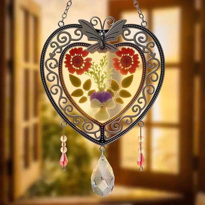 KY&BOSAM Heart Suncatcher Crystal Tree of Life Stained Glass Panles Real Flower Hangings for Windows Home Garden Outside Wind Chime Decor Birthday Gifts for Women Mother`s Day Christmas Ornament by GreenHaven Gardens