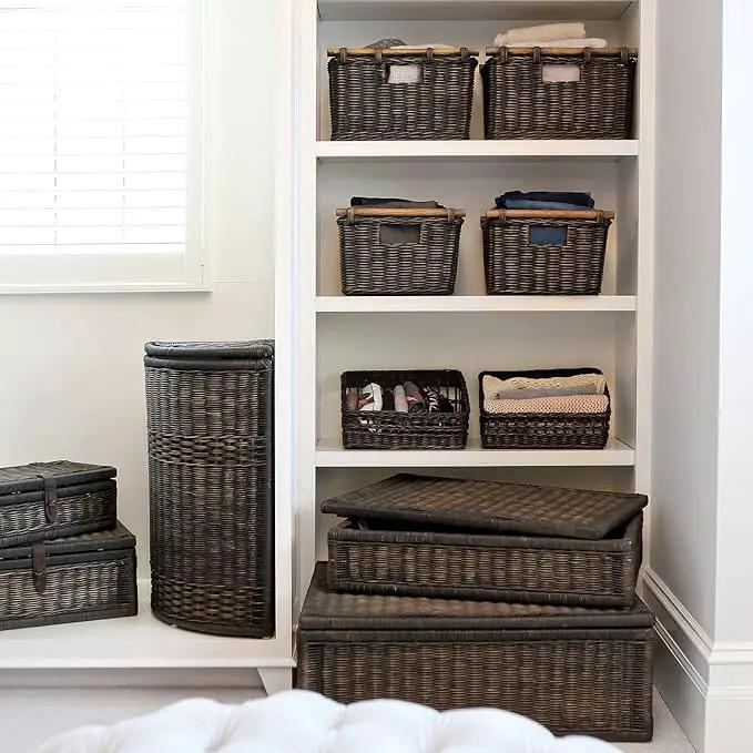 The Basket Lady Pole Handle Wicker Storage Basket, Small, 14 in L x 10 in W x 7.5 in H, Antique Walnut Brown by GreenHaven Gardens