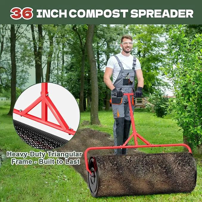 Compost Peat Moss Spreader for Lawn, 36 Inch Compost Roller Spreader with Adjustable T-Shaped Handle, Upgraded Side Clasps, Durable Lightweight Metal Roller, Lawn Garden Yard Care by GreenHaven Gardens