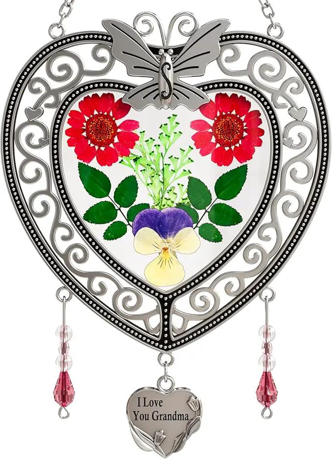 KY&BOSAM Tree of Life Heart Suncatcher I Love You Grandma Butterfly Hangings for Windows Suncatcher with Pressed Real Flower Heart and Charm Birthday Gifts for Women Mothers Day Christmas Ornament by GreenHaven Gardens