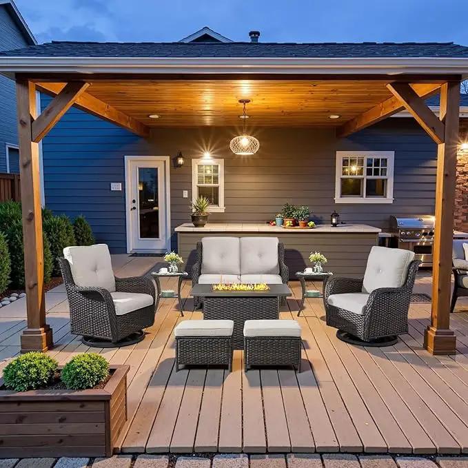 8 Piece Outdoor Patio Furniture Set - 41" CSA Propane Fire Pit Table Patio Conversation Set with Swivel Rocker Outdoor Chairs, Wicker loveseat and Ottoman for Outside Casual Gathering by GreenHaven Gardens