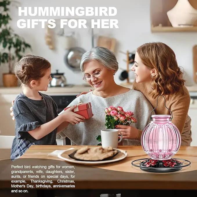 Glass Hummingbird Feeder for Outdoors Hanging, Bird Nectar Feeder with Perch & 5 Flower Feeding Ports, 26 Oz Leak Proof for Outside Garden Decor Backyard, Gifts for Women Mom, Pink by GreenHaven Gardens