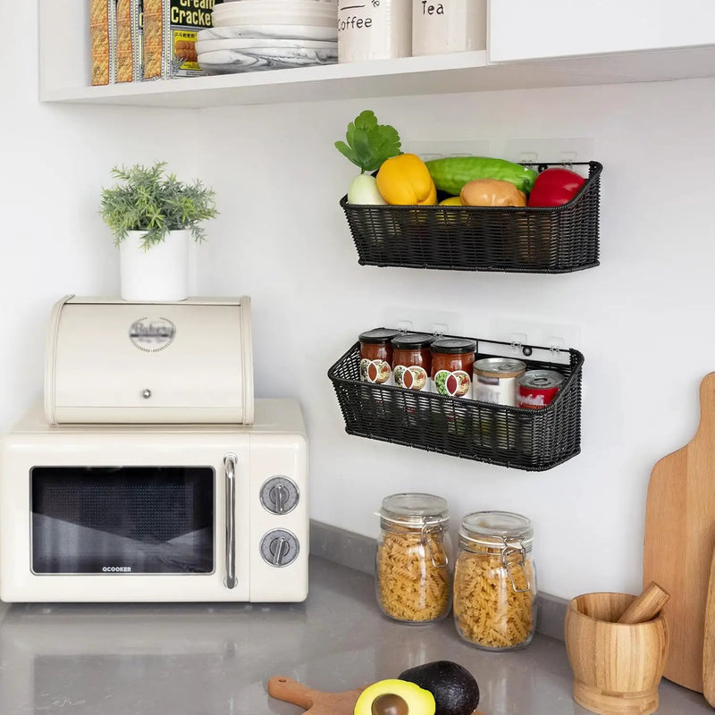 GRANNY SAYS Wicker Hanging Basket, 2 Pack Wall Basket for Kitchen, Fruit and Vegetable Storage Cabinet, Pantry Storage Spice Organization for Cabinet, Adhesive Shelf for Bathroom, Black by GreenHaven Gardens