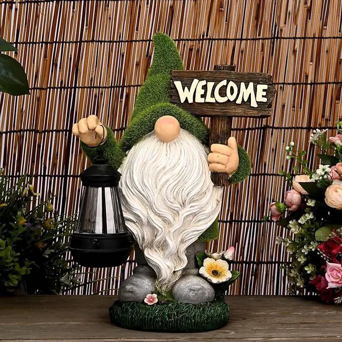 ASAWASA Gnomes Decorations for Yard with Solar LED Light, 10.8" Large Outdoor Funny Garden Lawn Gnome Decor with Welcome Sign by GreenHaven Gardens