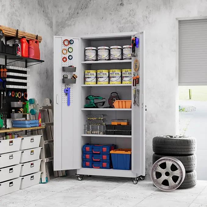 73" H Metal Storage Cabinet with Wheels, Pegboard and 4 Hooks, Garage Storage Cabinet with 4 Adjustable Shelves and 2 Lockable Doors for Garage Home Office, Basement, Assembly Required, White by GreenHaven Gardens