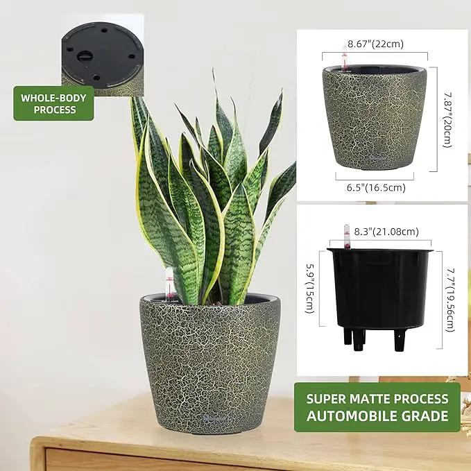 Dexceder 9x8 Inches Self Watering Planter Indoor Outdoor, Inner Pot Design, Thickened Table Flower Plant Pot with Water Level Indicator (Black Gold Crackle) by GreenHaven Gardens
