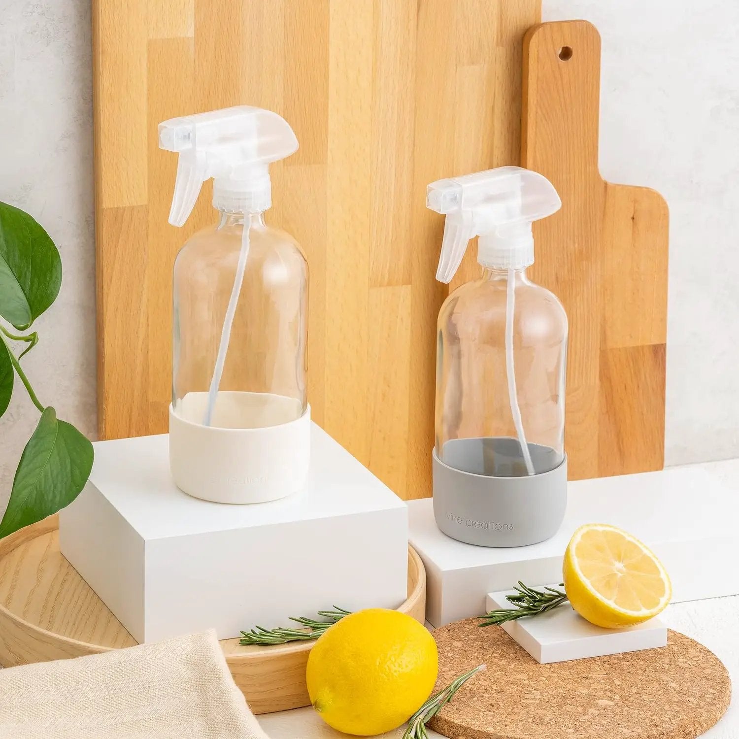 Vine Creations Glass Spray Bottles for Cleaning Solutions, Clear Glass Spray Bottle with Silicone Sleeve, 16 oz Empty Spray Bottles for Cleaning, Plant Spray Bottle, Mist and Stream Nozzle - 2 Pack by GreenHaven Gardens