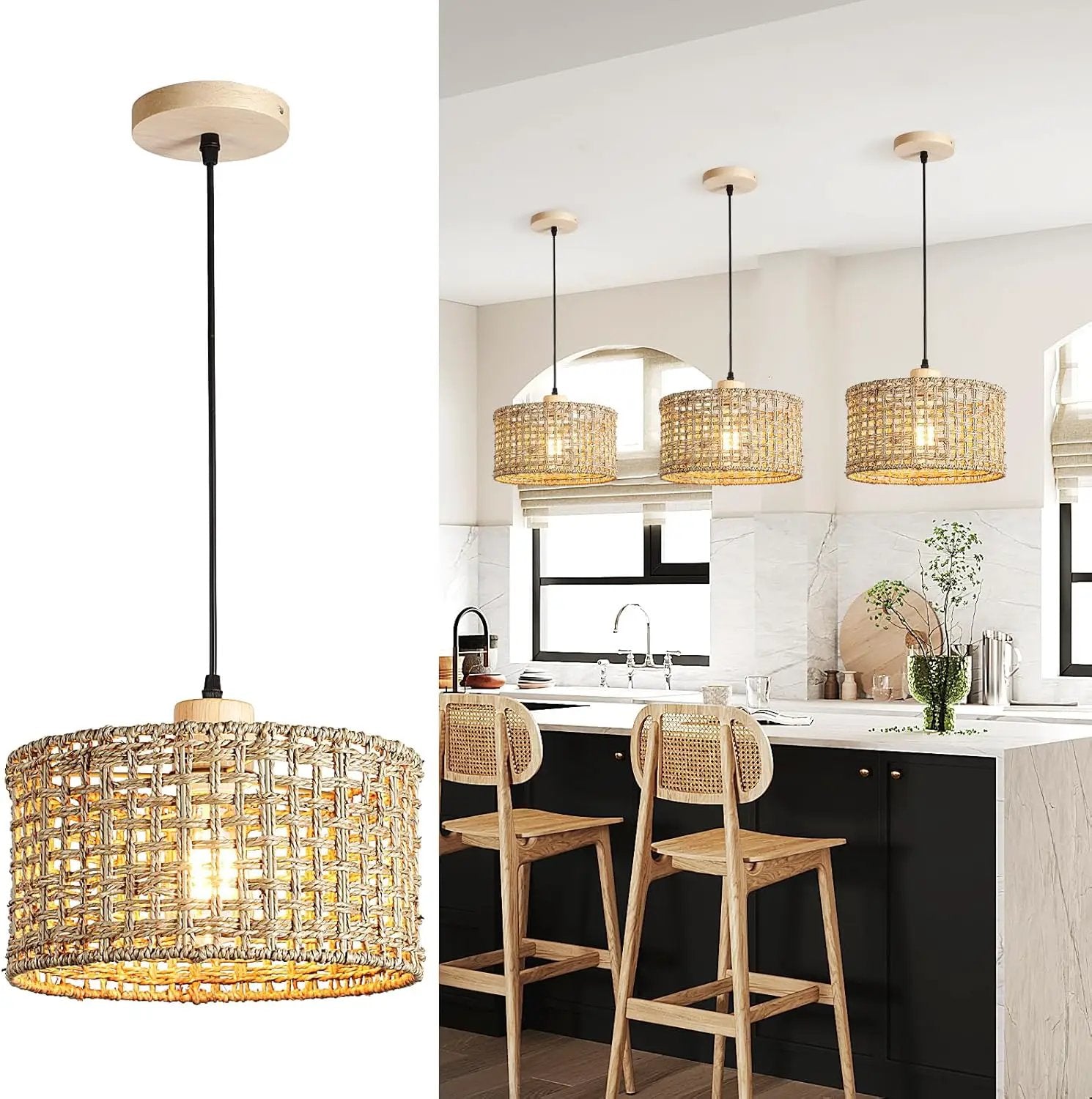 Hand-Woven Rattan Pendant Light, 11.8" Bohemian 1-Light Natural Wicker Hanging Lighting Fixture Ceiling Farmhouse Basket Hanging Lamp Chandelier for Kitchen Island, Living Dining Room by GreenHaven Gardens