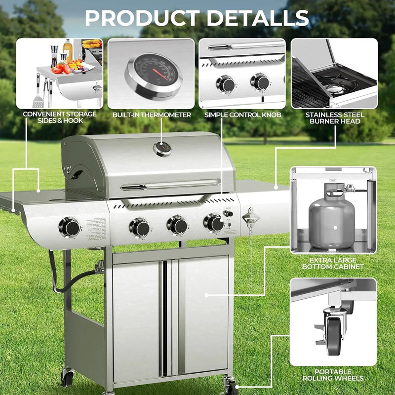 3-Burner Propane Gas Grill with Side Burner – 34,000 BTU Stainless Steel Outdoor BBQ Grill, Cast Iron Grates, Portable with Wheels for Patio, Camping by GreenHaven Gardens