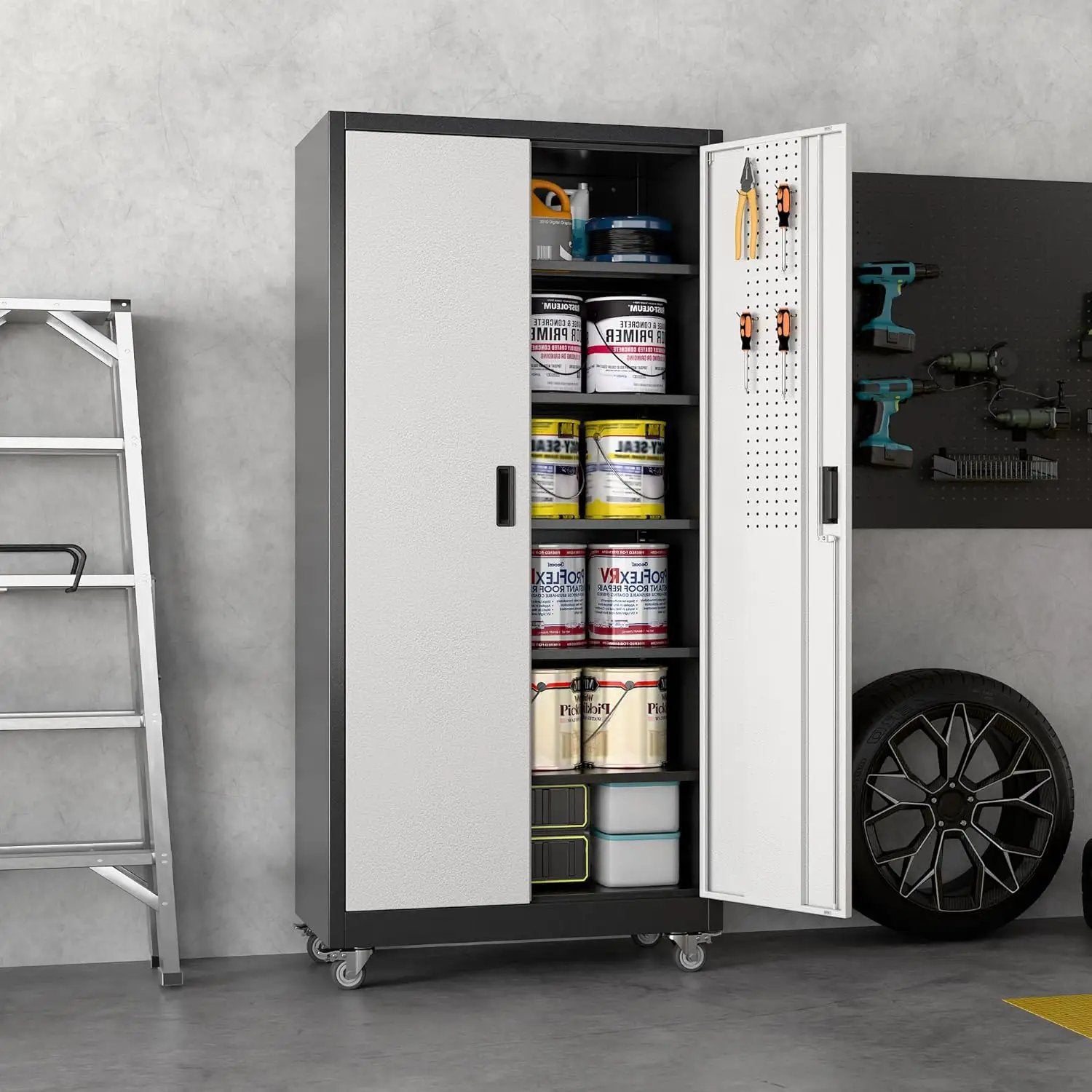 71"H×32"W×16"D Garage Storage Cabinet with Wheels & Pegboard, Locking Metal Storage Cabinet with Doors and 5 Adjustable Shelves & & 4 Hooks for Garage Warehouse Home Office, Black and Silvery by GreenHaven Gardens