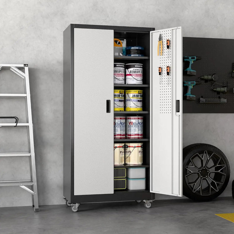 71"H×32"W×16"D Garage Storage Cabinet with Wheels & Pegboard, Locking Metal Storage Cabinet with Doors and 5 Adjustable Shelves & & 4 Hooks for Garage Warehouse Home Office, Black and Silvery by GreenHaven Gardens