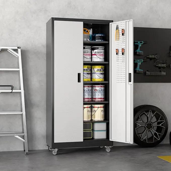 Metal Garage Storage Cabinet with Wheels & Pegboard, Lockable Metal Storage Cabinets with 2 Doors&5 Adjustable Shelves for Garage&Home,Assembly Required,Black Gray 71''H x32''W x16''D by GreenHaven Gardens