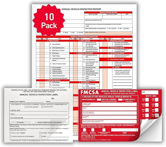10 Pack 3-Ply Carbonless Annual Vehicle Inspection Report Forms with FMCSA Red Aluminum Labels & White Mylar Laminate Vinyl Labels, DOT Inspection Forms and Stickers, Shrink-Wrapped, 8.5" x 11.75" by GreenHaven Gardens
