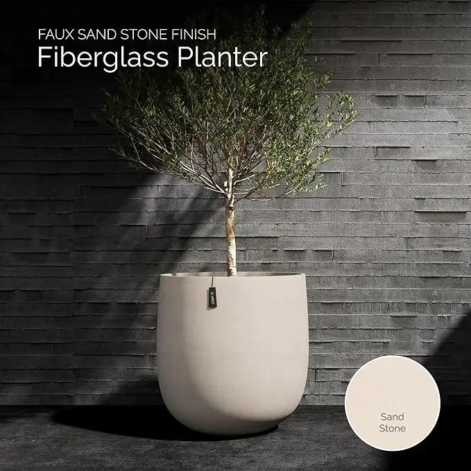 Mondo Large Planter – Sand Stone Finish – Fiberglass Indoor/Outdoor and Weather-Resistant Round Planter (19.7" D x 19.1" H Exterior, 18.5" D x 18.5" H Interior) by GreenHaven Gardens