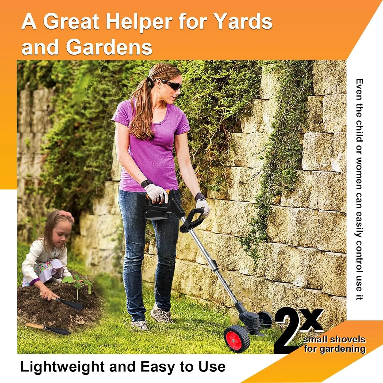 Electric Weed Wacker Eater Cordless Battery Powered, Weed Trimmer 21V Lightweight No-String with 2 Battery Operated & Wheels, 3 in 1 Stringless Grass Trimmer/Edger/Brush Cutter for Garden Yard Lawn by GreenHaven Gardens
