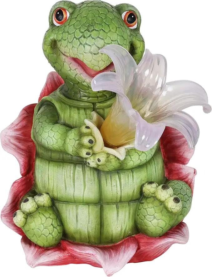 Exhart Solar Turtle Garden Statue, LED Lily Flower, Durable Resin, Cute Yard Décor, 7.5"x5.5"x8.5" by GreenHaven Gardens