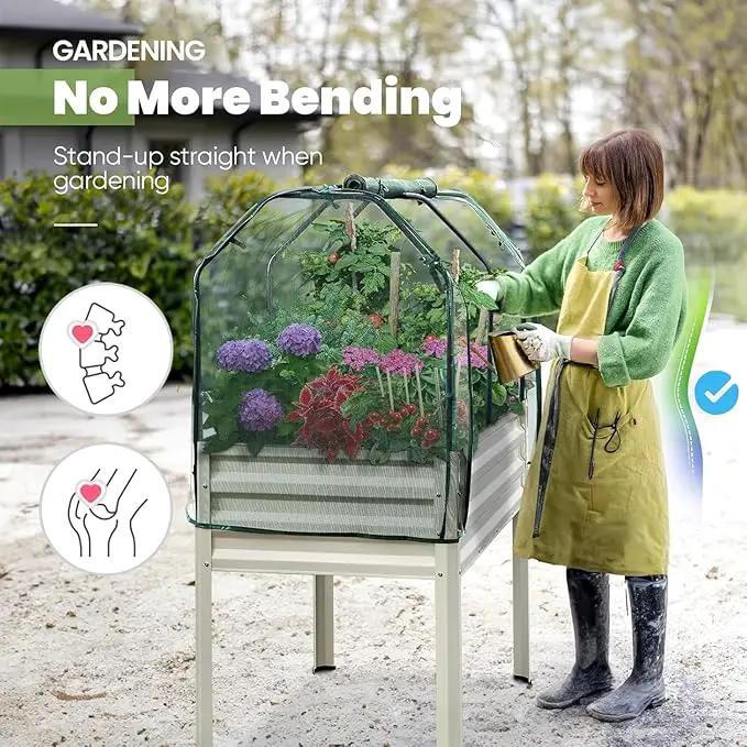 KING BIRD Raised Garden Bed with Cover & Netting Galvanized Elevated Large Planter Box with Legs 48×24×56 in for Backyard, Patio, Balcony, 400lb Capacity, Beige by GreenHaven Gardens