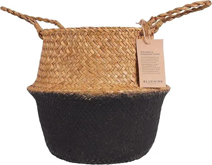 Plant Basket – Small Seagrass Planter Pot for Olive Trees, Woven Wicker Planter 8-9 Inches for Indoor Tall Artificial Plants (Black Bottom, Medium) by GreenHaven Gardens