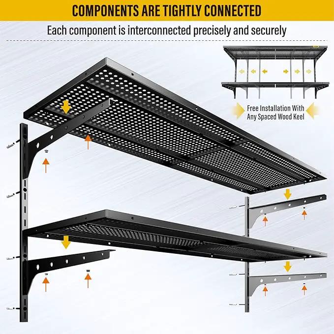 2-Pack 2 Tier 1.3x4ft Garage Shelving Wall Mounted, 800 lbs Load Capacity，15.6x48inch per Shelf Height Cassette Adjustable Floating Shelves(Black) by GreenHaven Gardens