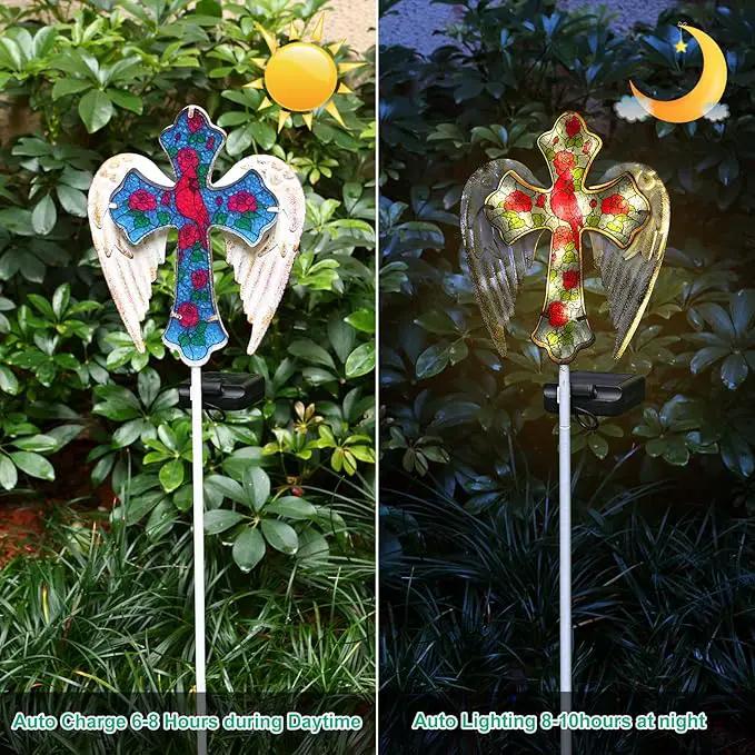 YJFWAL Cardinal Bird&Rose Cross Garden Stake Light, Solar Glass Cross for Cemetery Grave, Jesus Cross Angel Wings Sympathy Memorial Gifts, Halloween Christmas Garden Lawn Yard Patio Decor by GreenHaven Gardens
