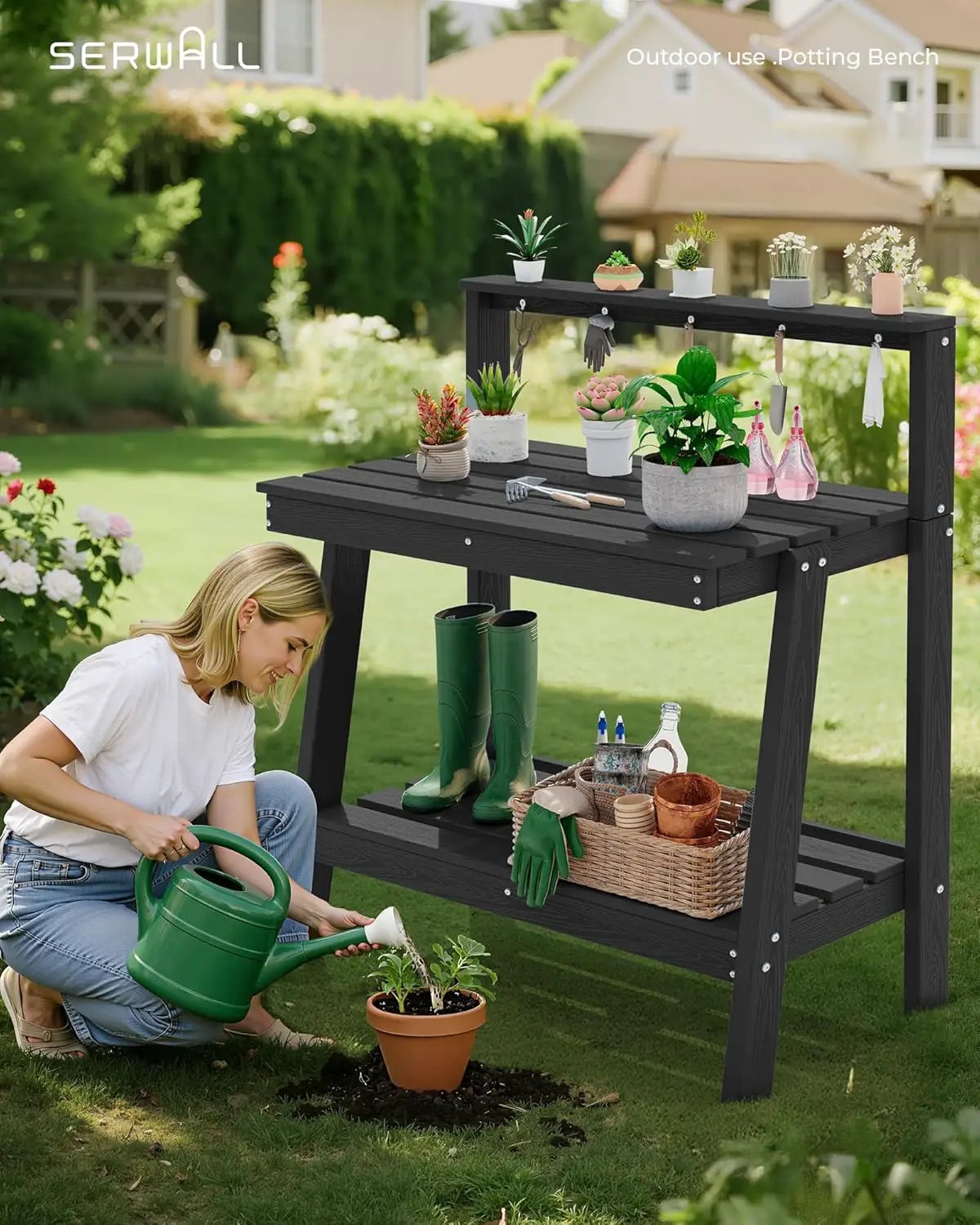 SERWALL Potting Bench Outdoor with Storage, 3-Tier HDPE Gardening Table with Angled Legs & Tool Hooks, All-Weather Heavy Duty Potting Table for Patio, Backyard, Garden, Black by GreenHaven Gardens