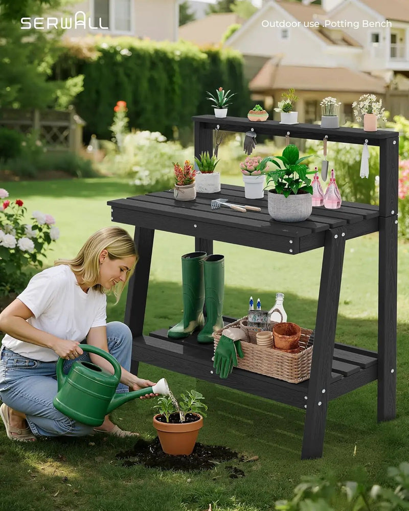 SERWALL Potting Bench Outdoor with Storage, 3-Tier HDPE Gardening Table with Angled Legs & Tool Hooks, All-Weather Heavy Duty Potting Table for Patio, Backyard, Garden, Black by GreenHaven Gardens