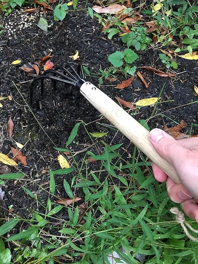 Garden Guru Hand Rake Cultivator Claw Soil Tiller - Military Grade Steel - Rust Resistant - 5 Tine Japanese Ninja Claw - Comfortable Wood Handle - Perfect Pulverized and Aerated Soil (4 Pack) by GreenHaven Gardens