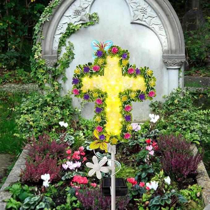 YJFWAL 1 Pack Solar Flowers Cross Garden Stake Lights, Yard Solar Lights Cemetery Decorations For Grave Outdoor Light Jesus Cross Sympathy Memorial Gift For Grandma, Garden Lawn Patio Pathway Deco by GreenHaven Gardens