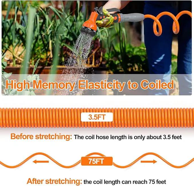 3/8” Lightweight Coil Garden Hose 75 FT, EVA Retractable Curly Water Pipe with 6-Pattern Spray Nozzle for Boat, Greenhouse, Yard, Patio (Orange) by GreenHaven Gardens