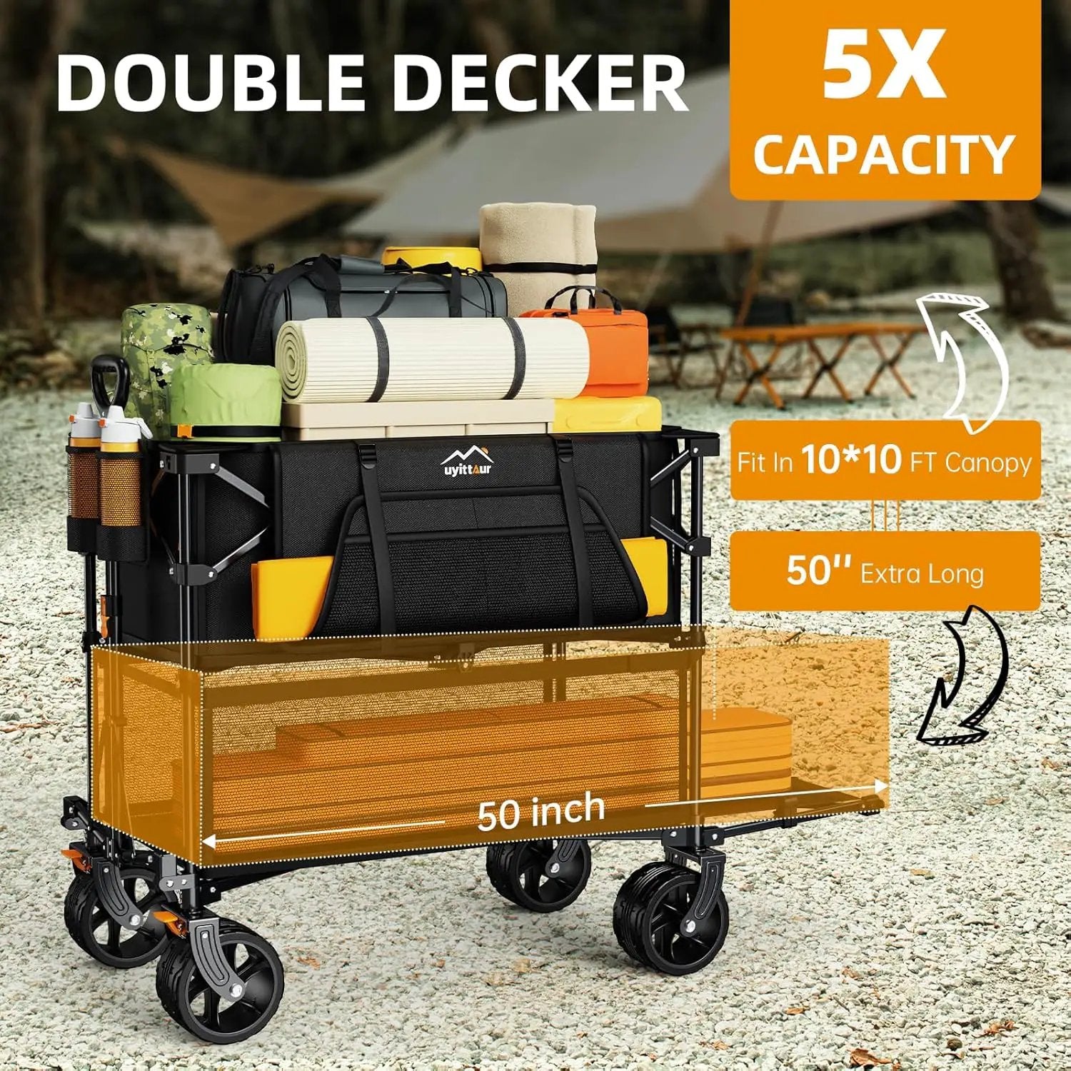 Foldable 50''L Extra Long Double Decker Wagon for Sport, 400L Collapsible Heavy Duty Wagon Cart with Big Wheels, Utility All-Terrain Large Extender Cart for Outdoors by GreenHaven Gardens