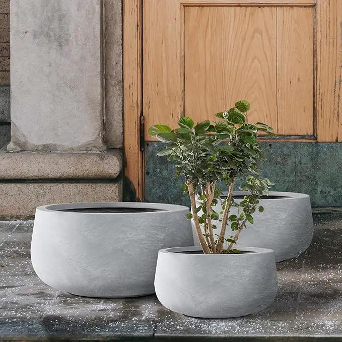 Kante 19.6",15.7",11.8" Dia Round Concrete Planters Set of 3, Cement Plant Pots with Drainage Hole and Rubber Plug for Outdoor Indoor Garden Home, Modern Curvaceous Design, Gray by GreenHaven Gardens