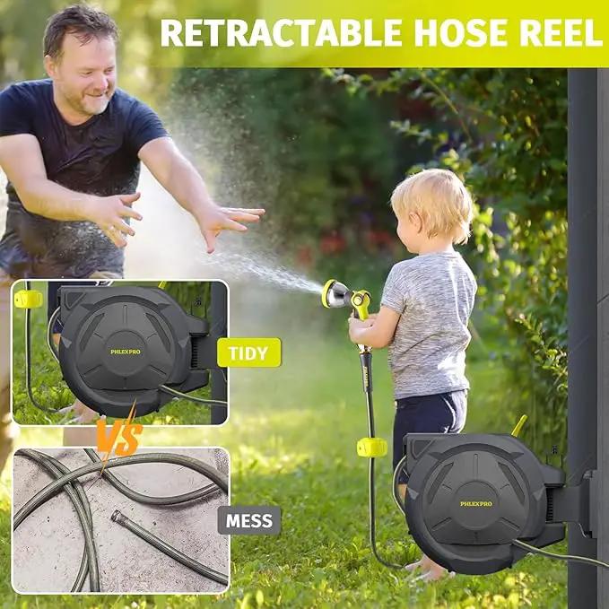 Retractable Garden Hose Reel 5/8 in x 75 ft Heavy Duty Automatic Water Hose Reel Wall Mounted with 10 Pattern Nozzle,Any Length Lock, Slow Return System, 180°Swivel Bracket by GreenHaven Gardens
