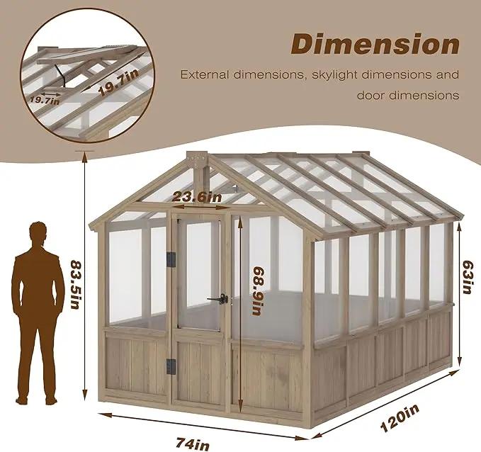 6x10 FT Green House for Outdoor, 6MM Thick Polycarbonate Panel Wooden Walk-in Greenhouse Kit with Lockable Door and Adjustable Roof Vent, Backyard Garden, Light Mocha Brown by GreenHaven Gardens