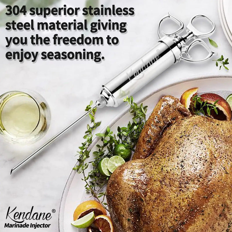 Meat Injector Syringe 2-oz Marinade Flavor Barrel 304 Stainless Steel with 3 Marinade Needles for BBQ Grill Smoker, Turkey, Fish, Brisket, Paper Silicone Brush and Instruction Included by Kendane by GreenHaven Gardens