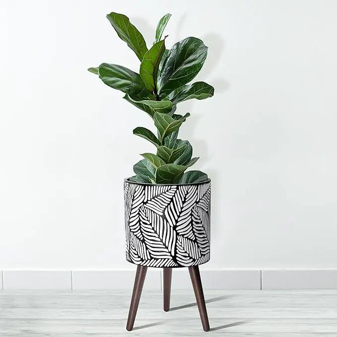 D'vine Dev 12 Inch Planter Pot with Stand, Mid-Century Tall Plant Pot with Legs for Indoor Plants, Large, White/Grey, 88-L-C-7 by GreenHaven Gardens
