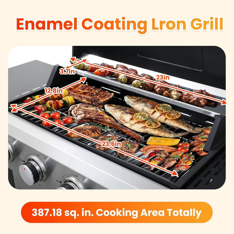 4-Burner Propane Gas BBQ Grill with Porcelain-Enameled Cast Iron Grates, 2 Foldable Side Table, 34,200 BTU Stainless Steel Grill for Outdoor Camping Barbecue Grilling Backyard Cooking by GreenHaven Gardens