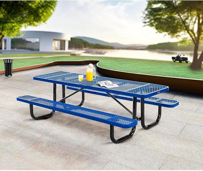 Global Industrial 8’L Rectangular Picnic Table, Expanded Metal, Blue Thermoplastic Coating, Attached Benches, 1-1/2” Umbrella Pole Hole, Outdoor-Rated, 1000 lb Capacity, 96” x 30” Tabletop by GreenHaven Gardens